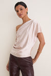 Taupe Nellie Asymmetric Satin Draped Off Shoulder Top