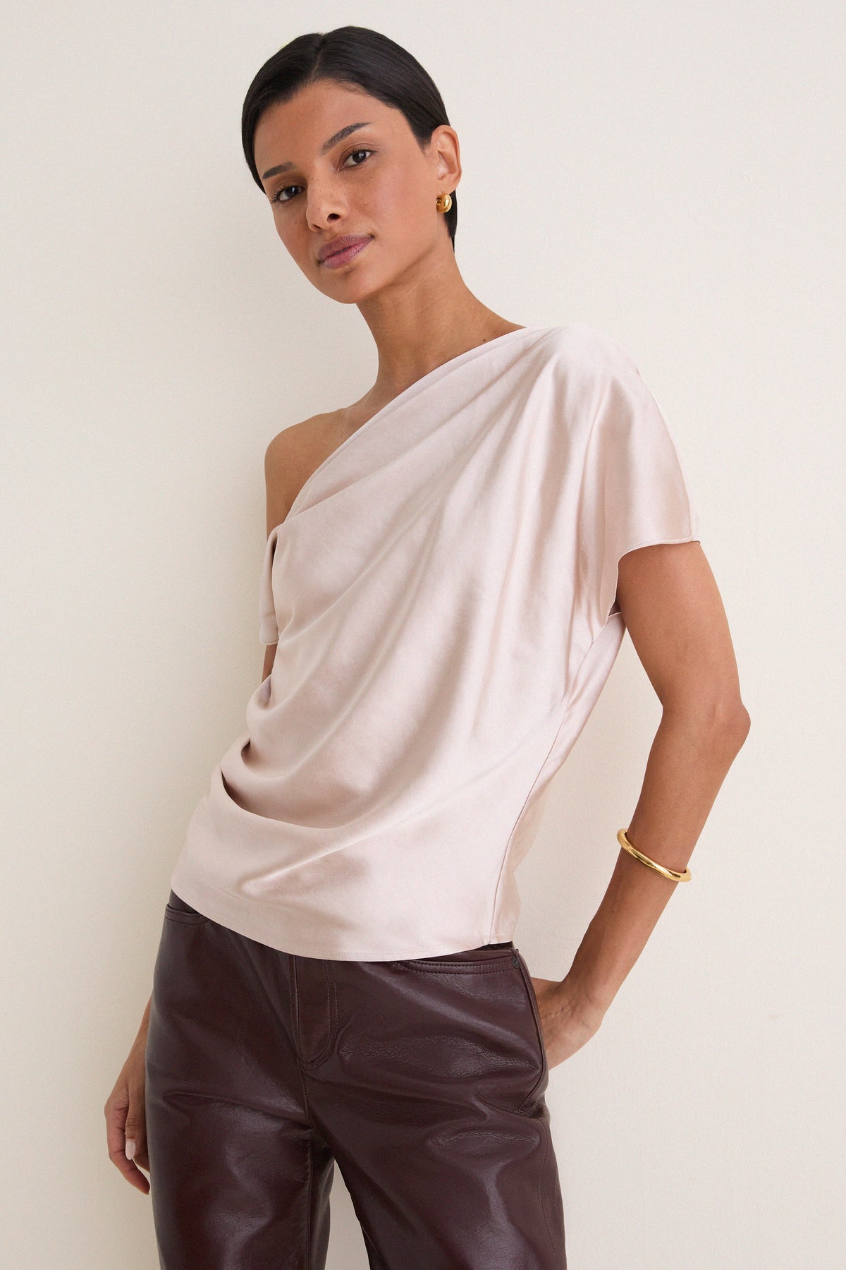 Taupe Nellie Asymmetric Satin Draped Off Shoulder Top