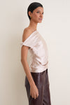 Taupe Nellie Asymmetric Satin Draped Off Shoulder Top