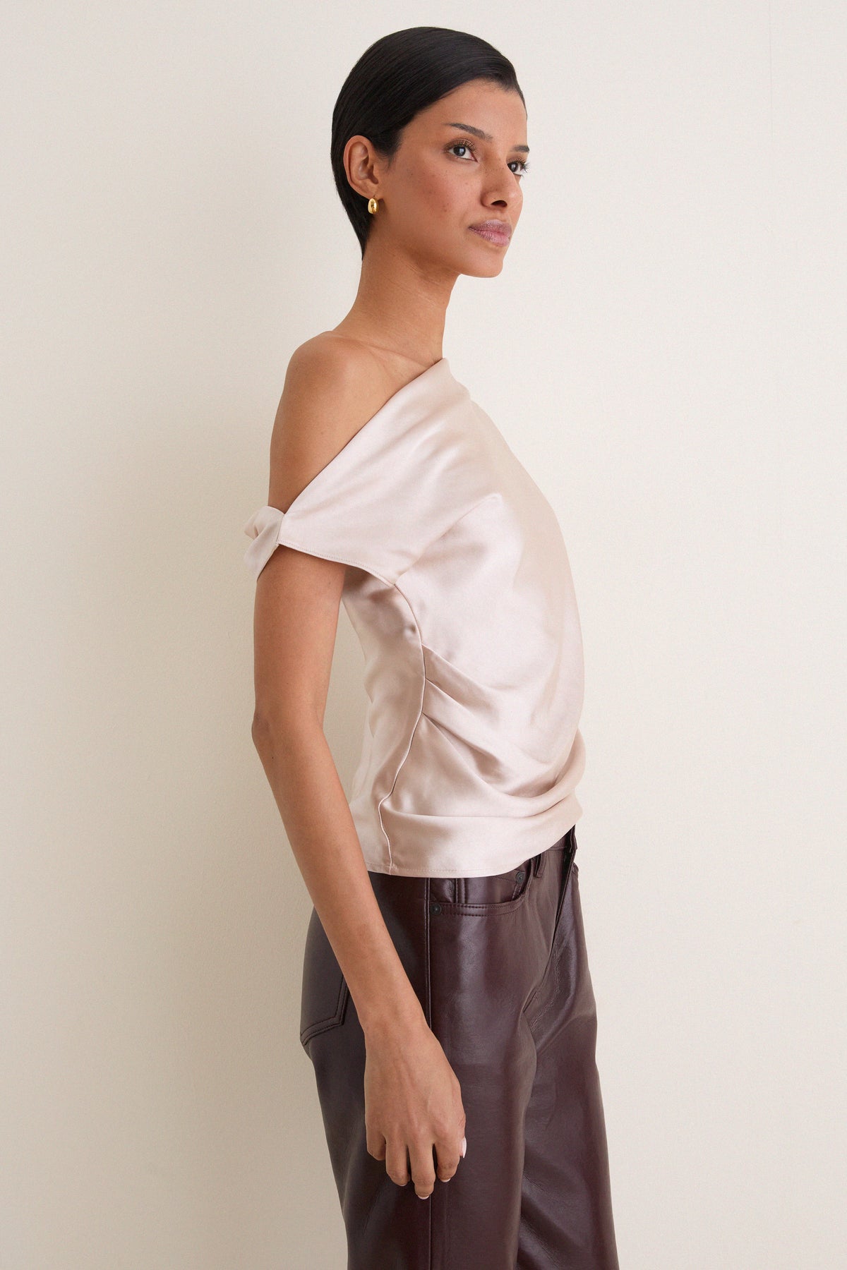 Taupe Nellie Asymmetric Satin Draped Off Shoulder Top