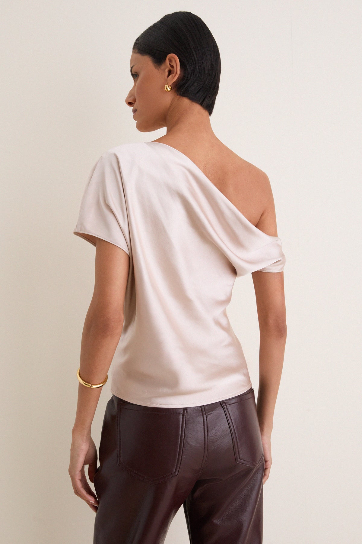 Taupe Nellie Asymmetric Satin Draped Off Shoulder Top