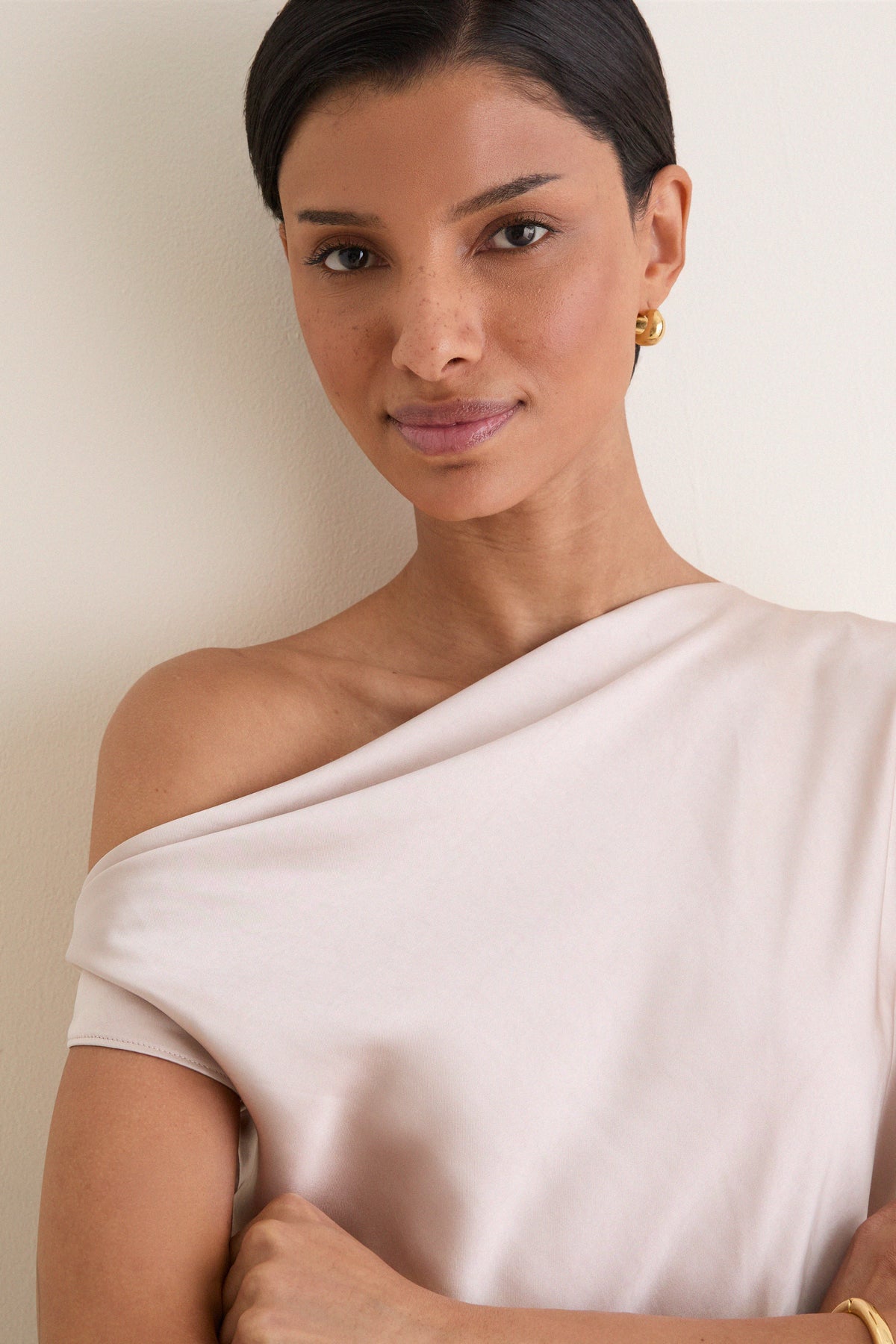 Taupe Nellie Asymmetric Satin Draped Off Shoulder Top