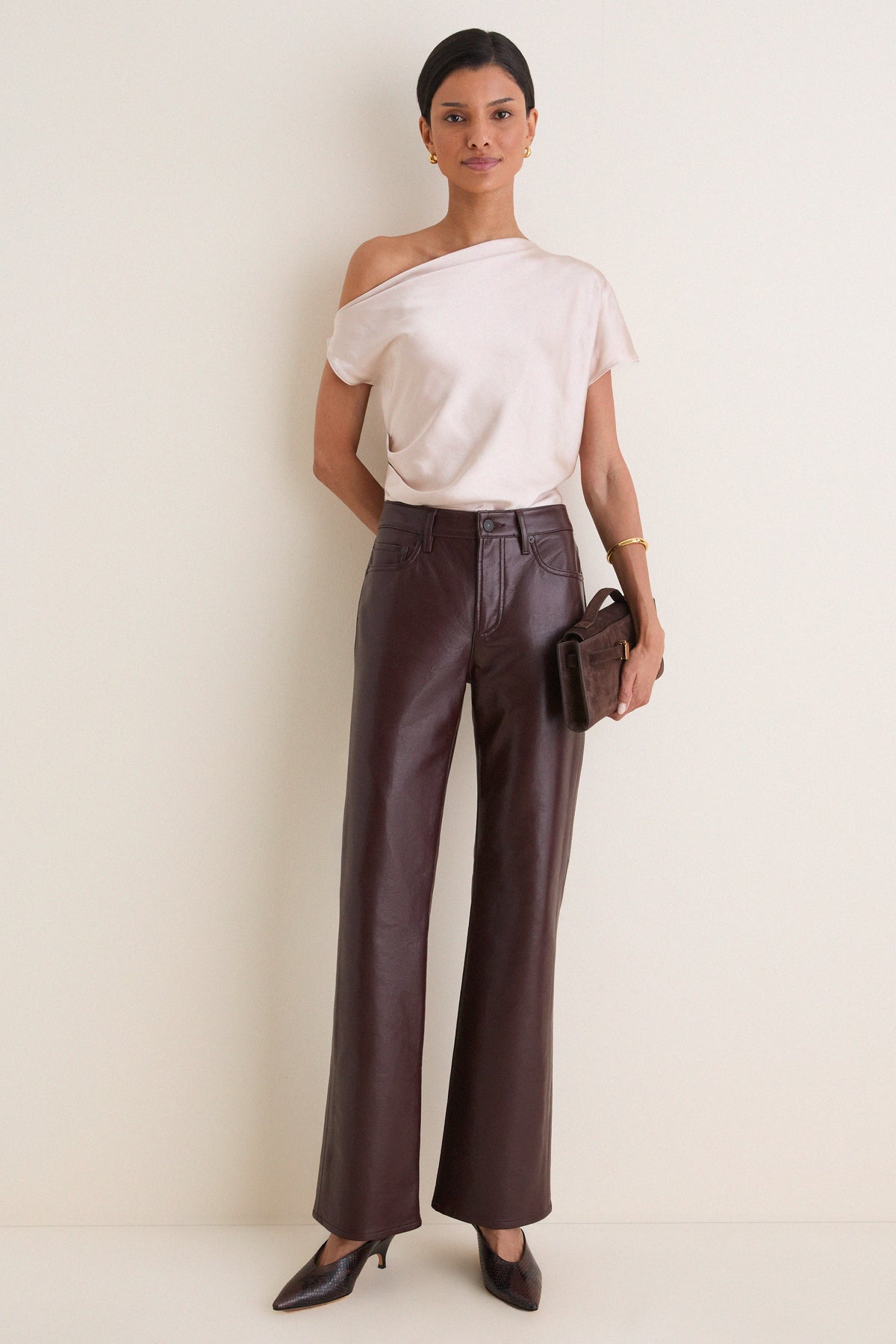Taupe Nellie Asymmetric Satin Draped Off Shoulder Top