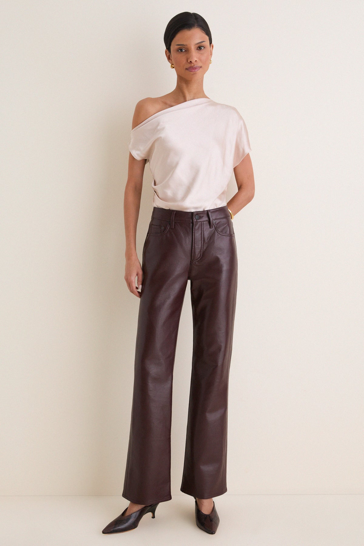 Taupe Nellie Asymmetric Satin Draped Off Shoulder Top