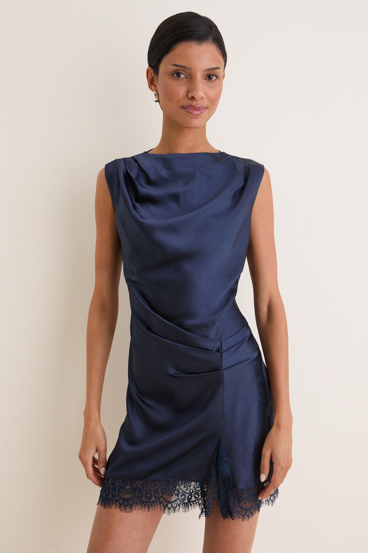 Navy Ryann Mock Neck Lace Hem Mini Dress
