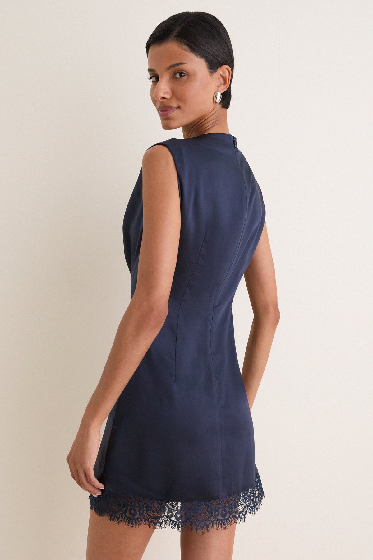 Navy Ryann Mock Neck Lace Hem Mini Dress