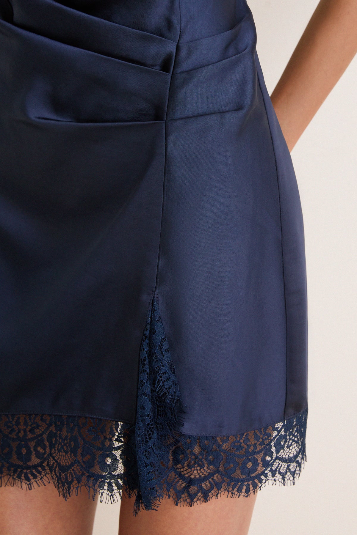 Navy Ryann Mock Neck Lace Hem Mini Dress