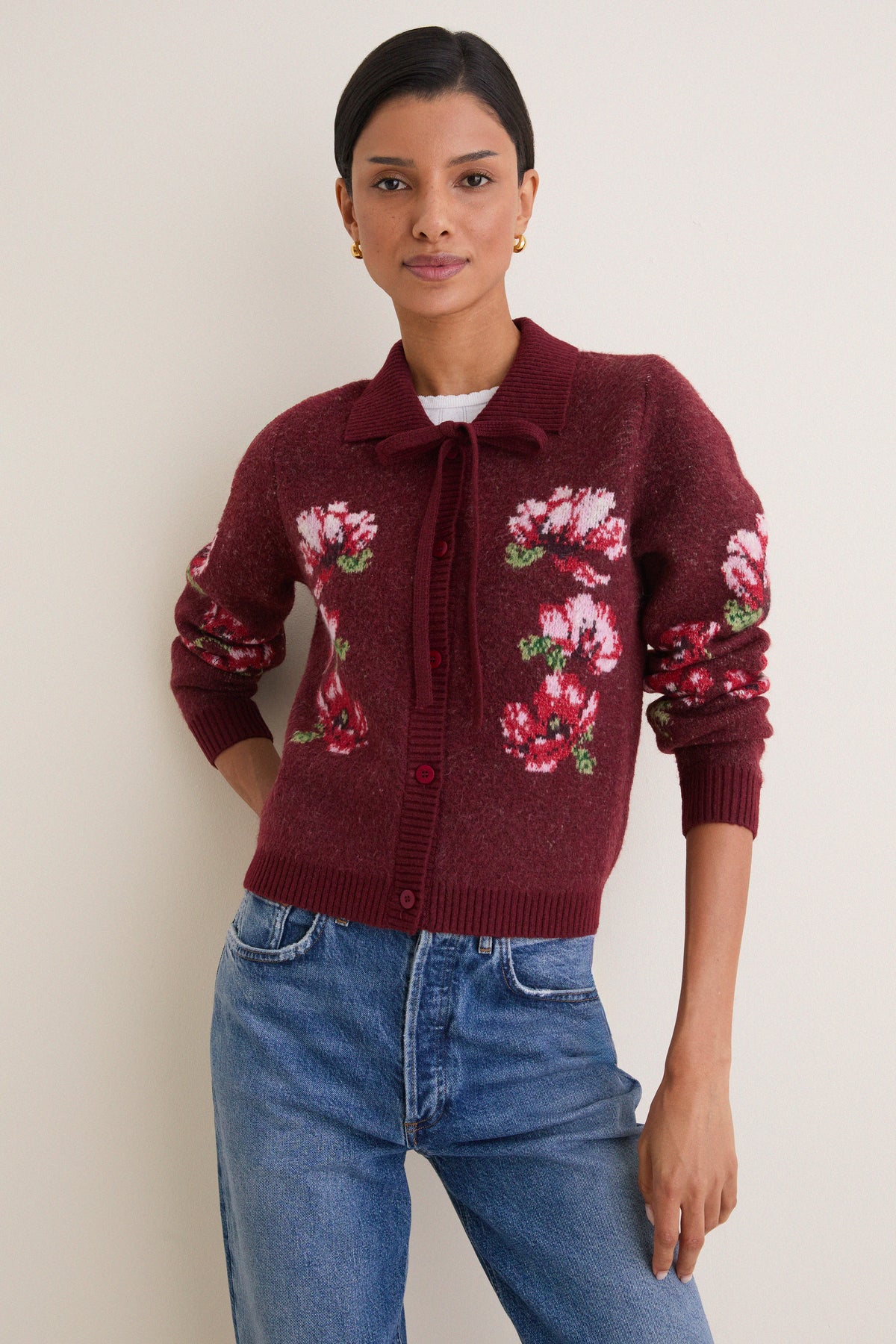 Maroon Viviana Floral Motif Cardigan