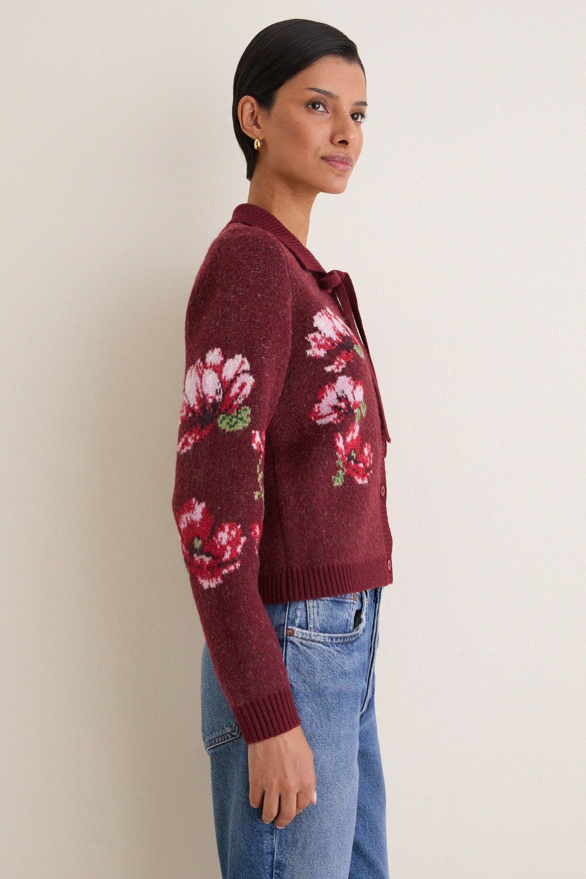 Maroon Viviana Floral Motif Cardigan