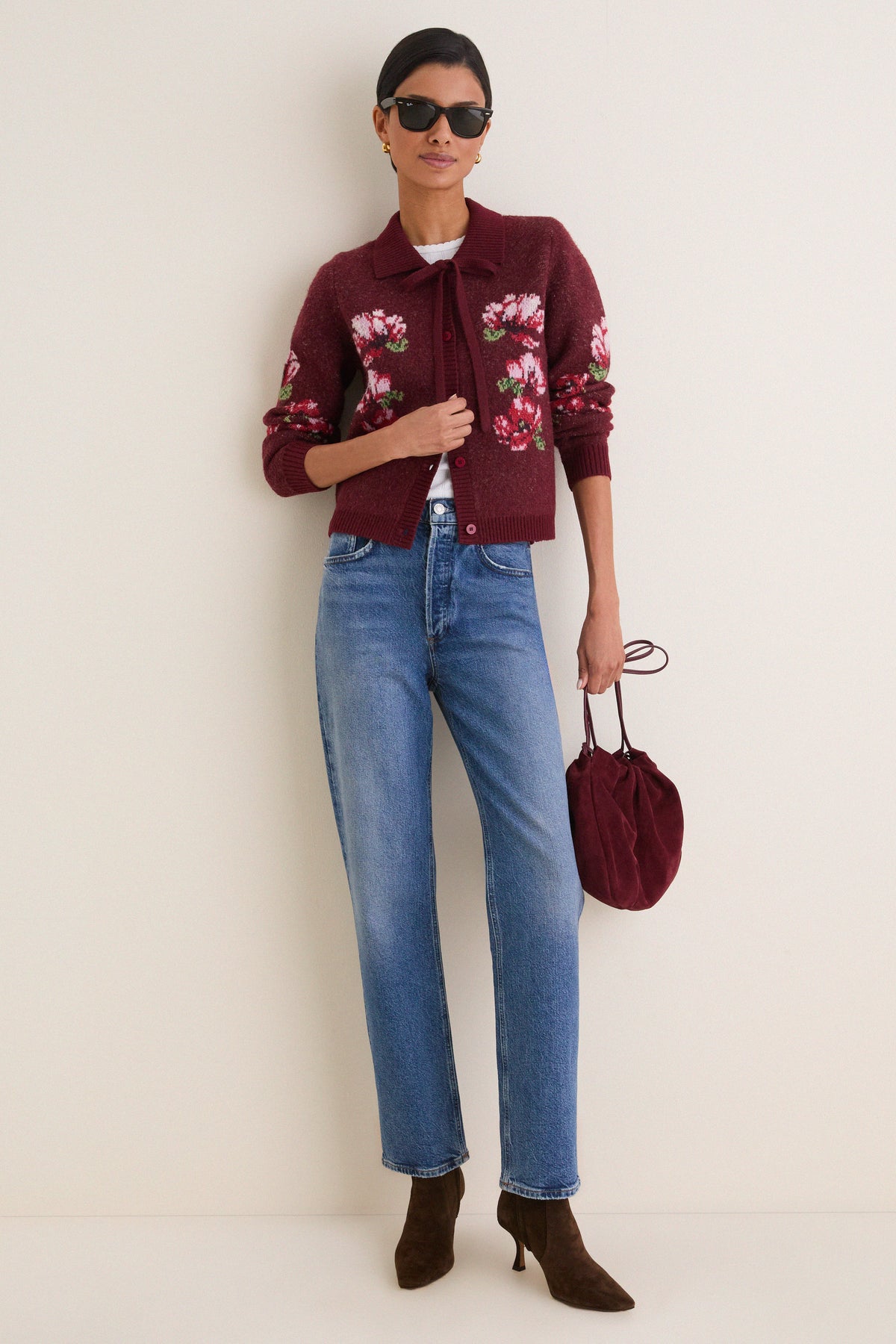 Maroon Viviana Floral Motif Cardigan