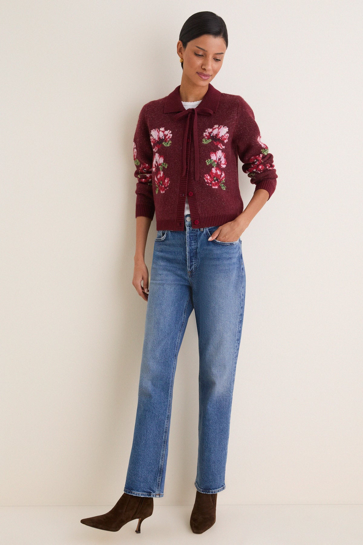 Maroon Viviana Floral Motif Cardigan