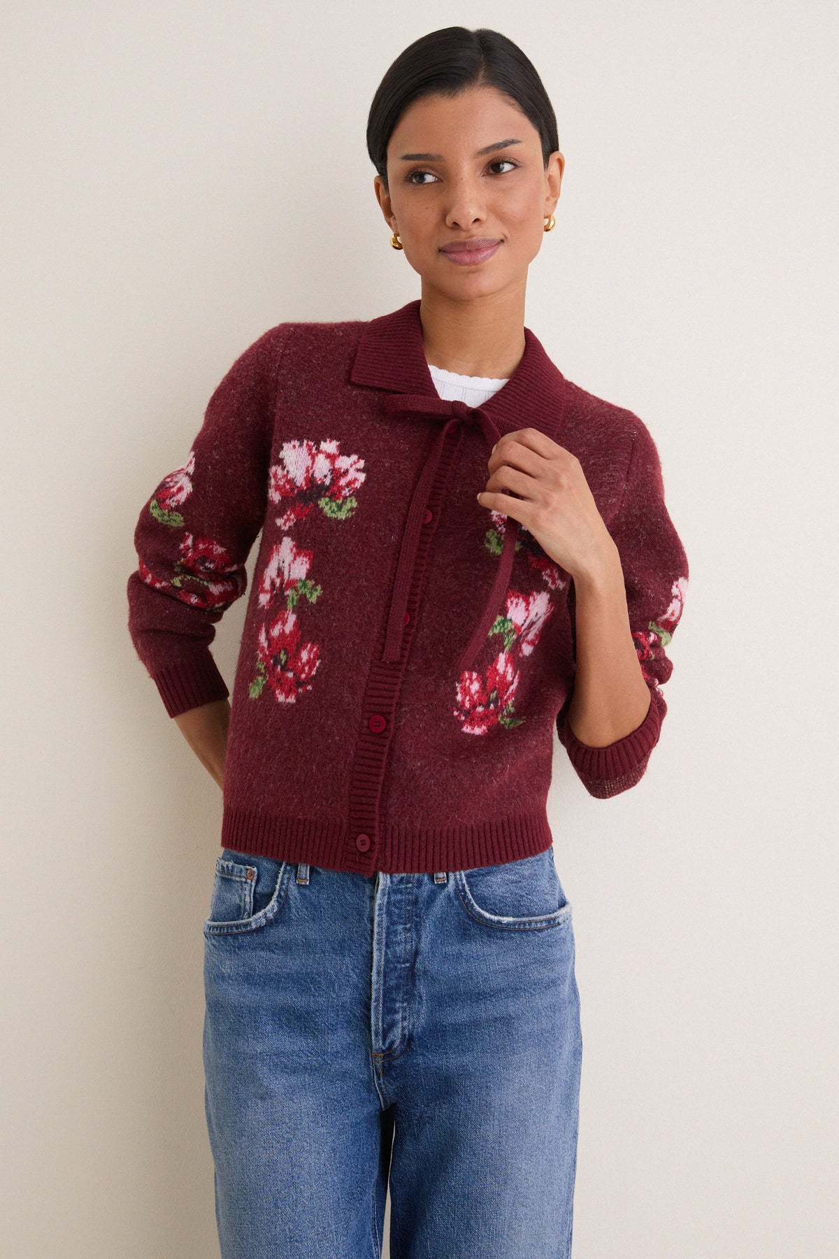 Maroon Viviana Floral Motif Cardigan