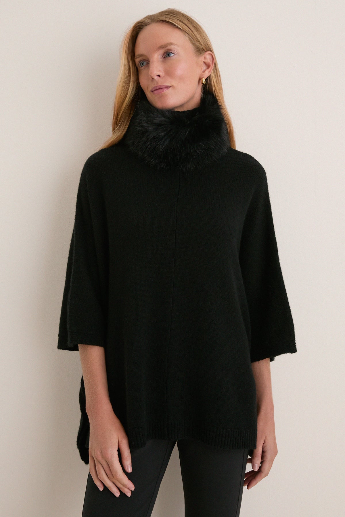Black Wool Cashmere Fur Collar Janet Poncho