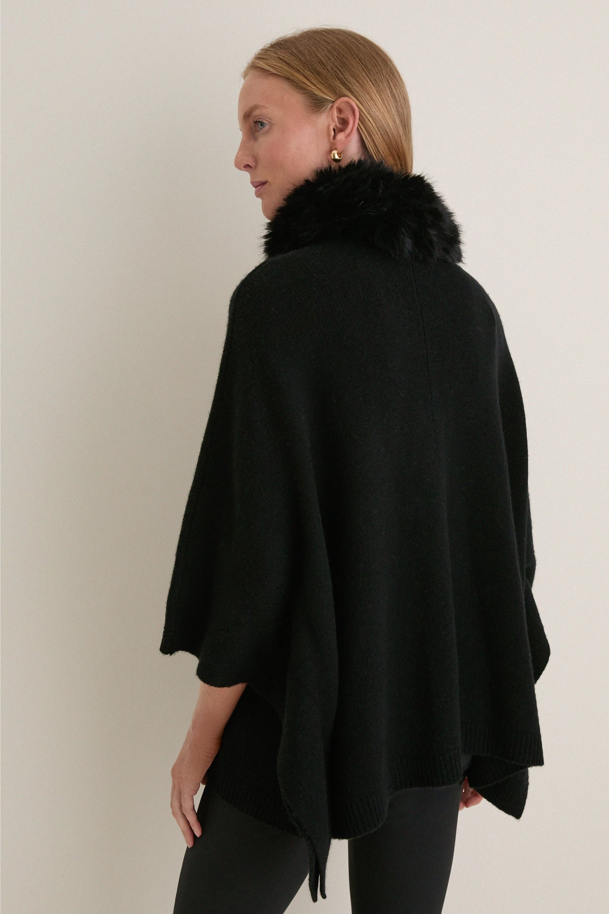 Black Wool Cashmere Fur Collar Janet Poncho