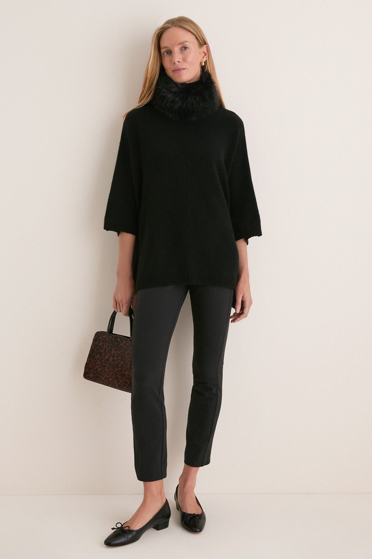 Black Wool Cashmere Fur Collar Janet Poncho