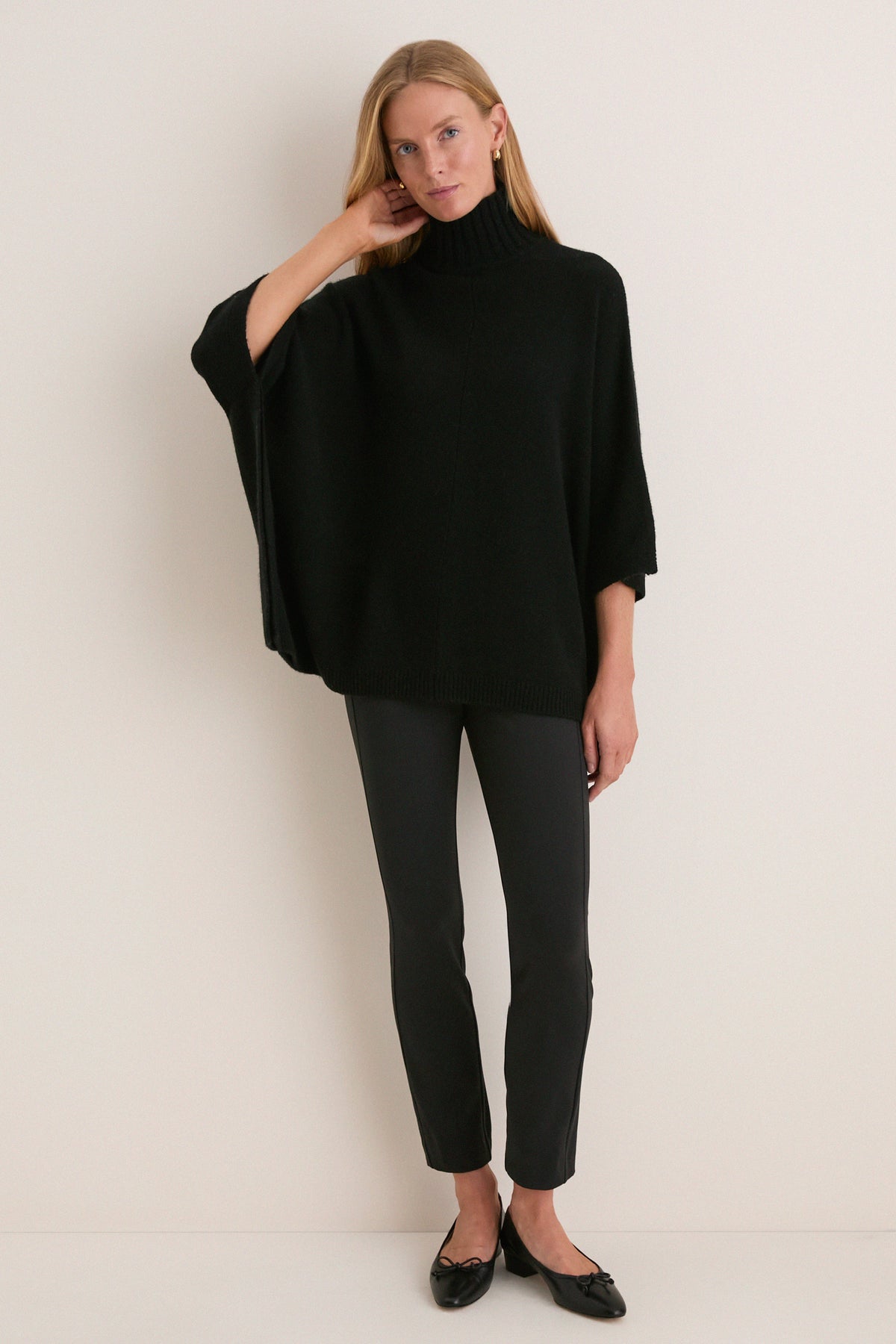 Black Wool Cashmere Fur Collar Janet Poncho