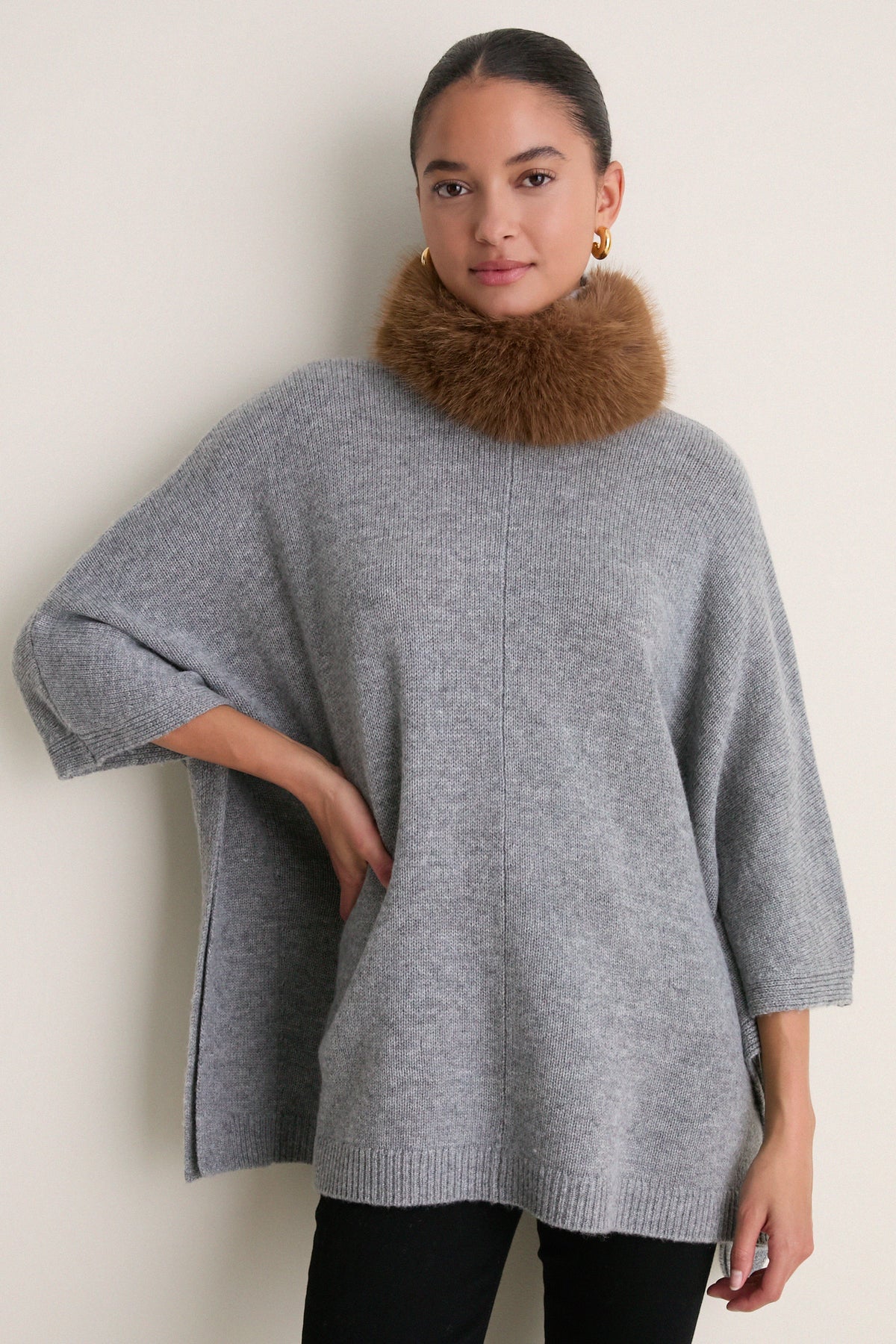 Gray Wool Cashmere Fur Collar Janet Poncho