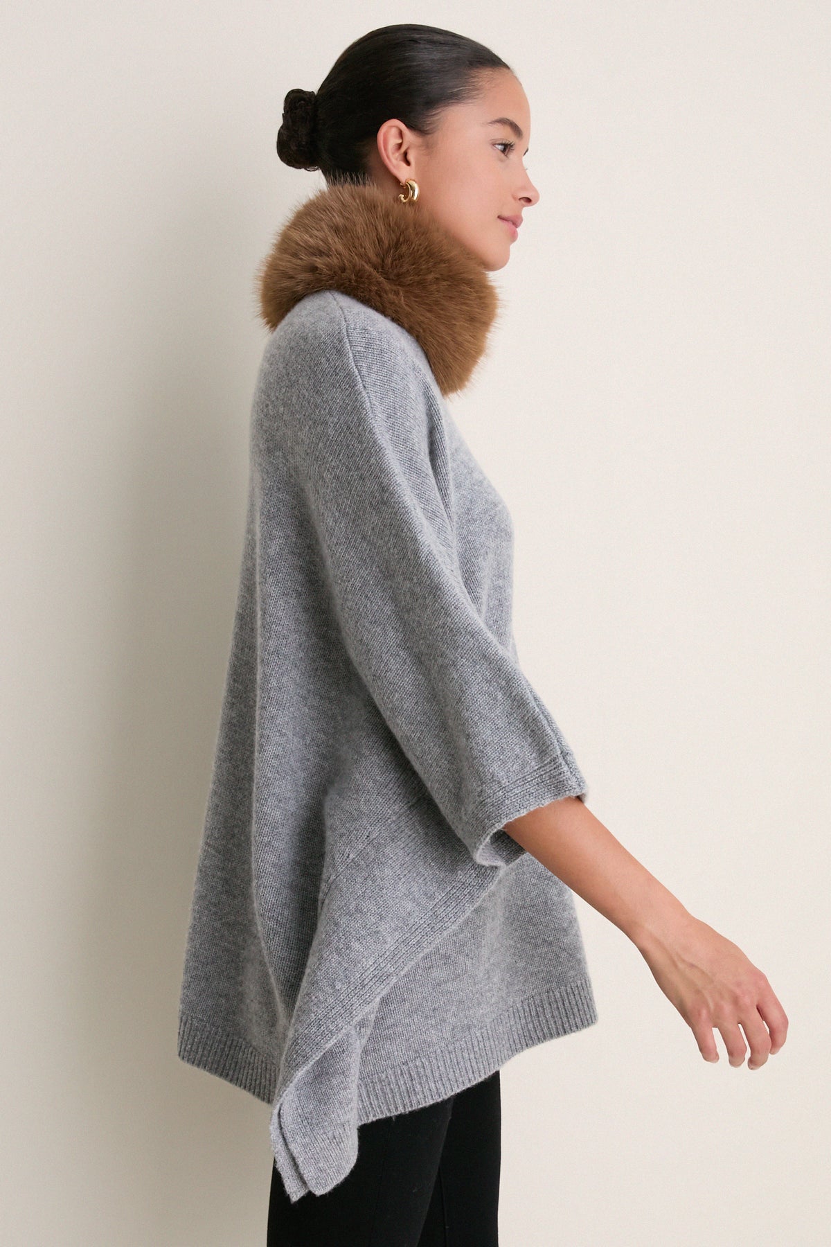 Gray Wool Cashmere Fur Collar Janet Poncho
