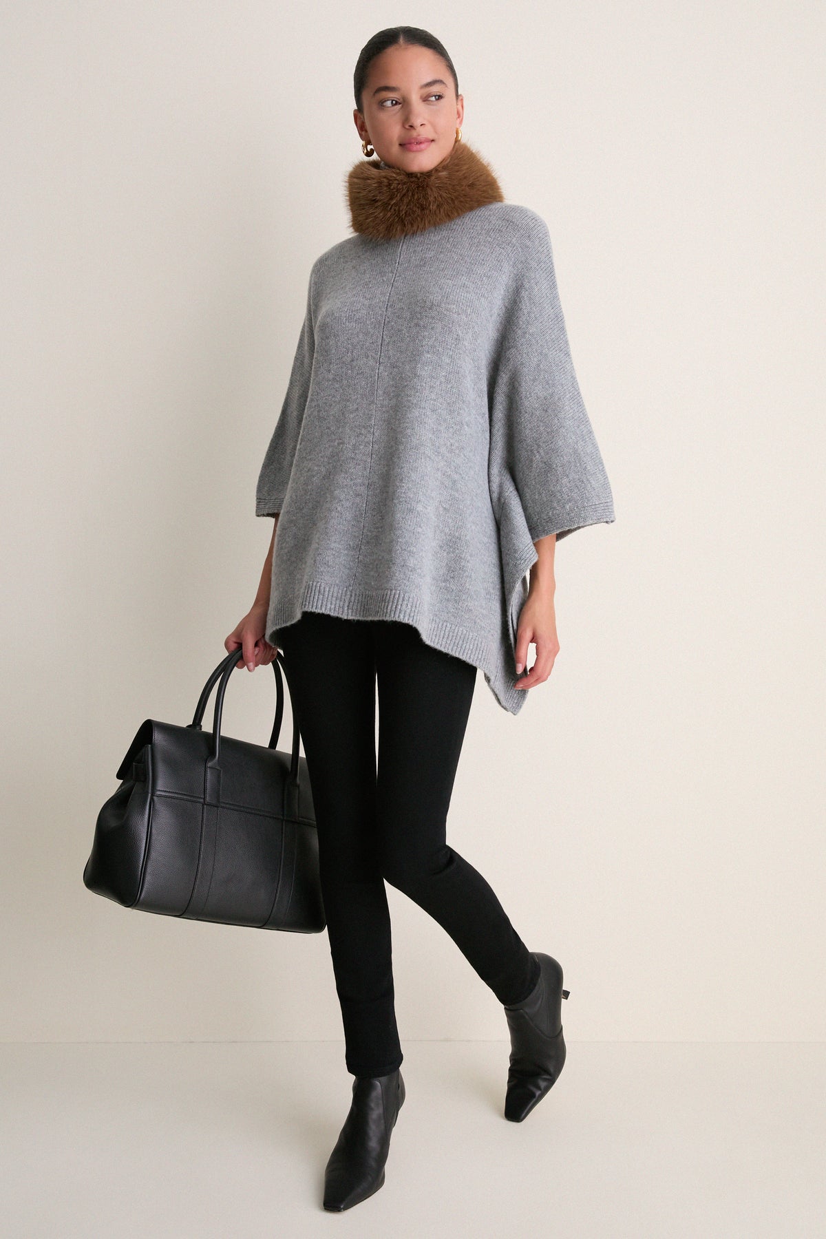 Gray Wool Cashmere Fur Collar Janet Poncho