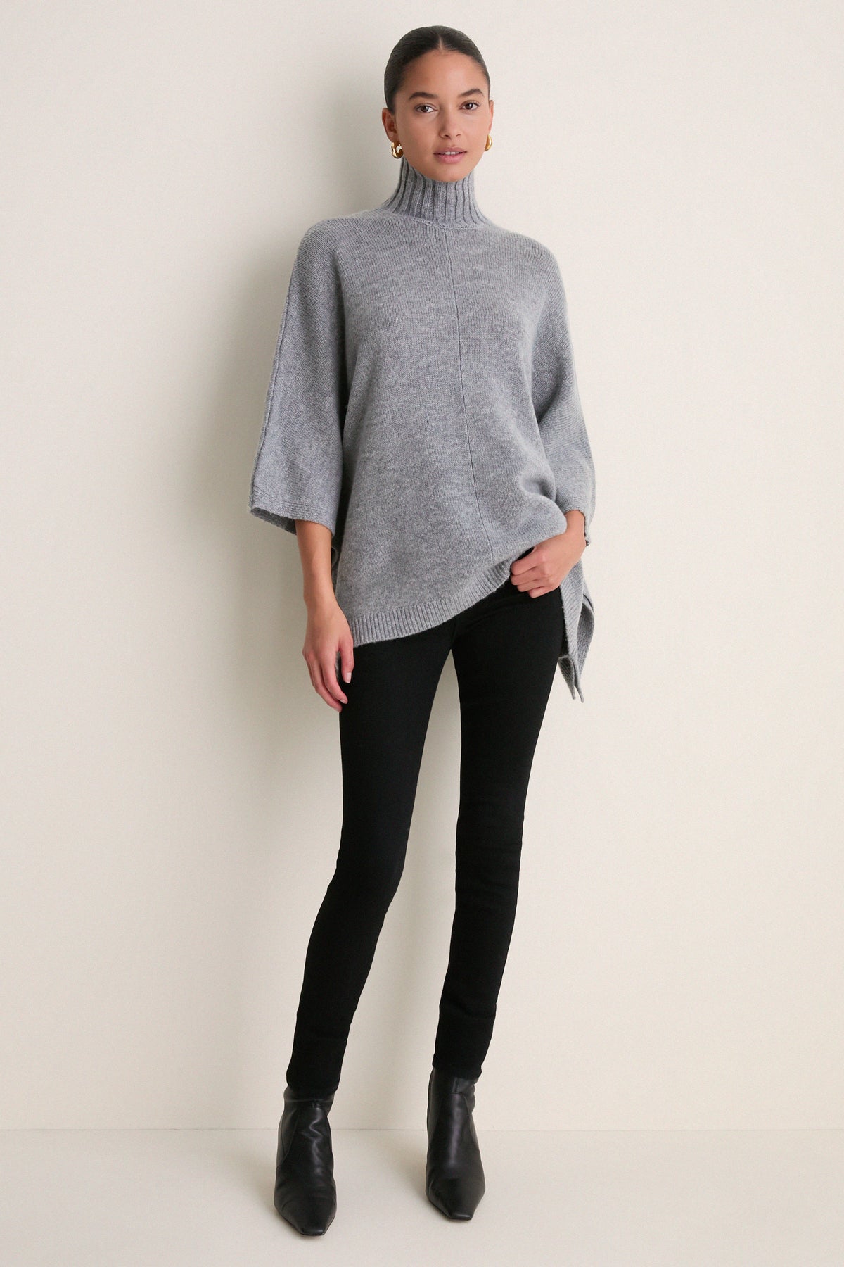 Gray Wool Cashmere Fur Collar Janet Poncho
