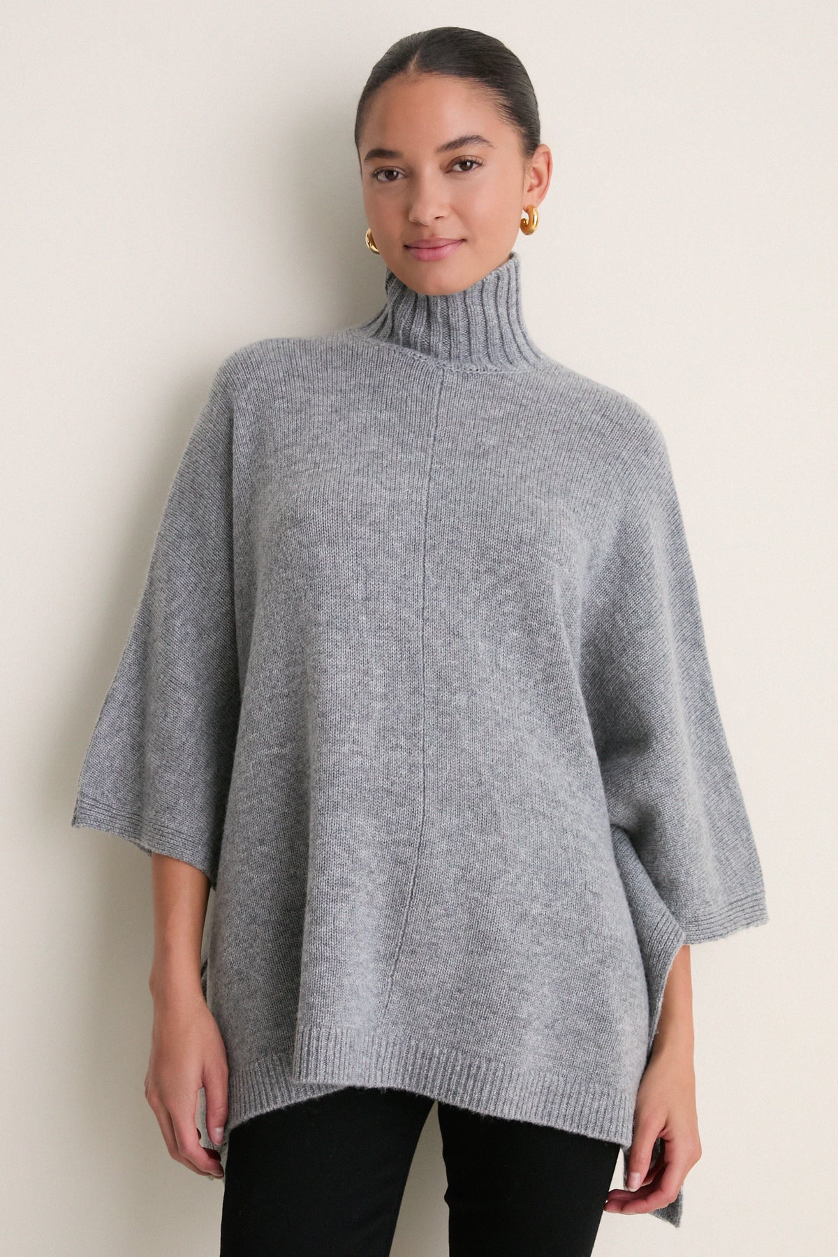 Gray Wool Cashmere Fur Collar Janet Poncho