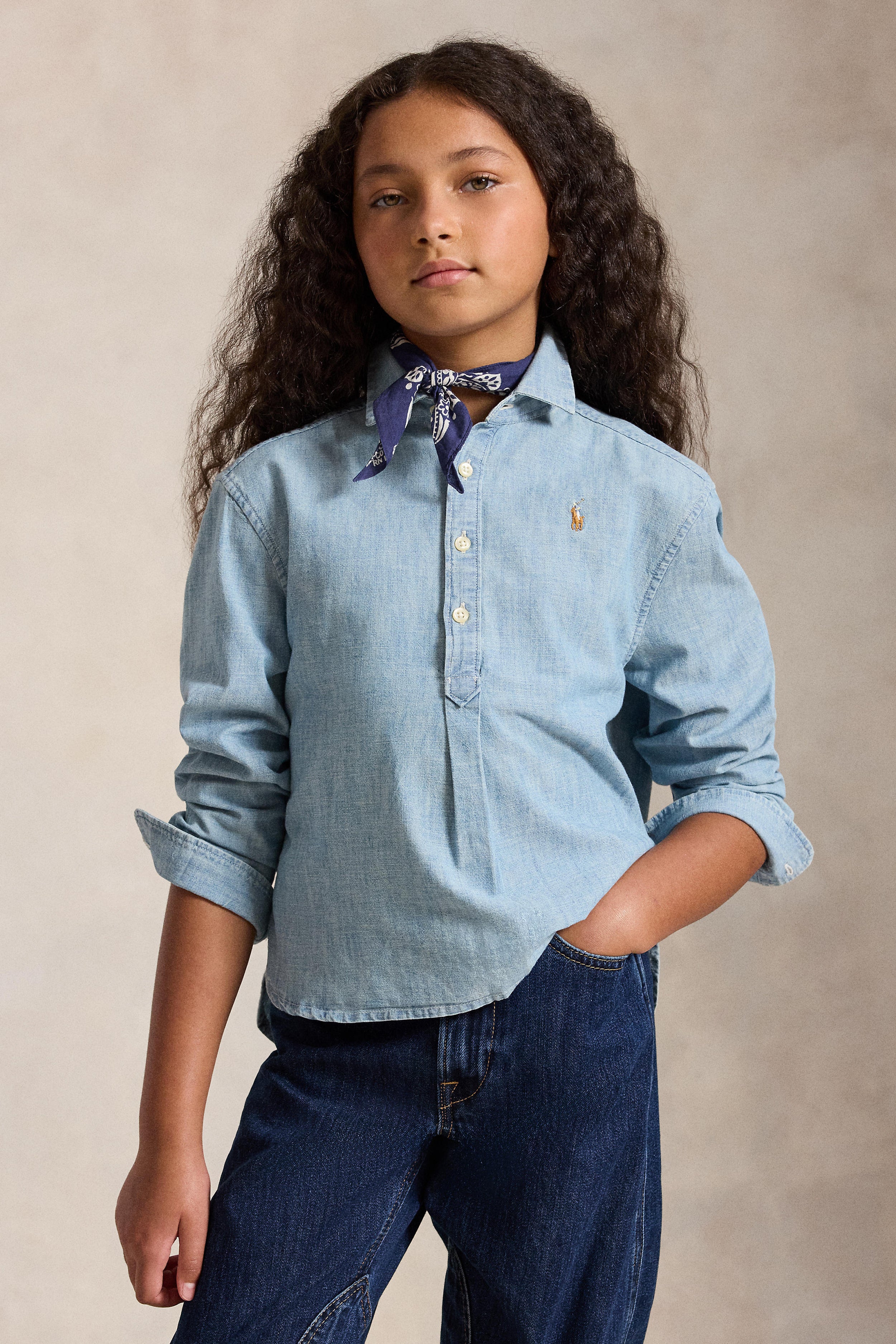 Girls Long Sleeve Chambray Collared Shirt