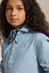 Girls Long Sleeve Chambray Collared Shirt