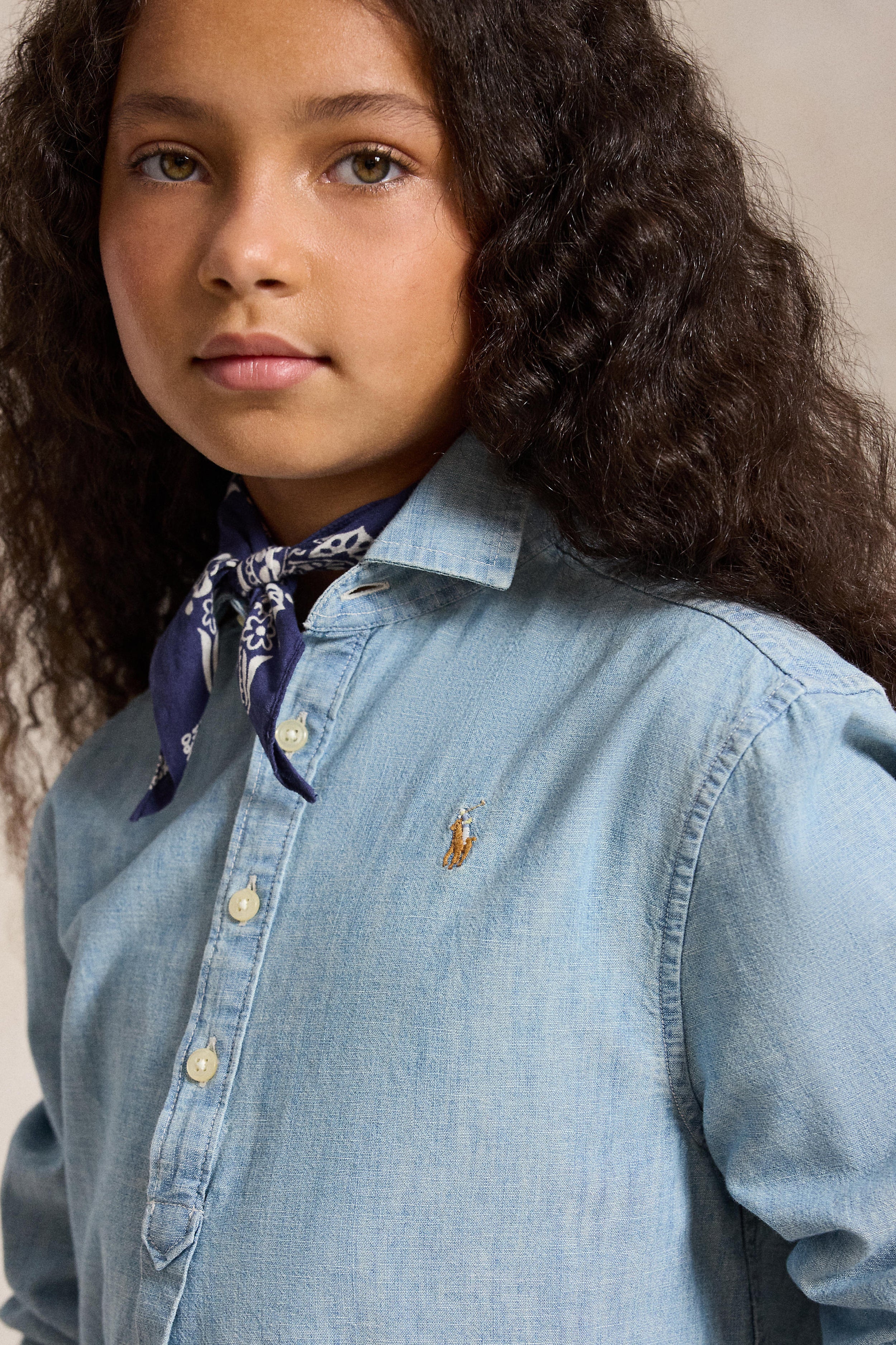 Girls Long Sleeve Chambray Collared Shirt