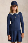 Girls Long-Sleeve Cotton Cable Knit Collared Dress