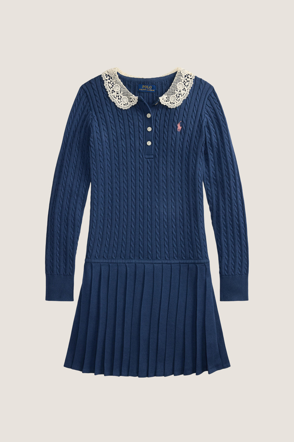 Girls Long-Sleeve Cotton Cable Knit Collared Dress