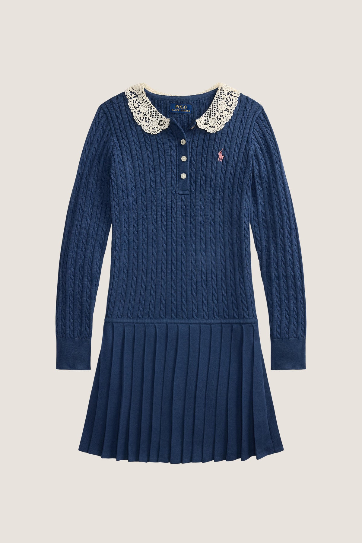 Girls Long-Sleeve Cotton Cable Knit Collared Dress