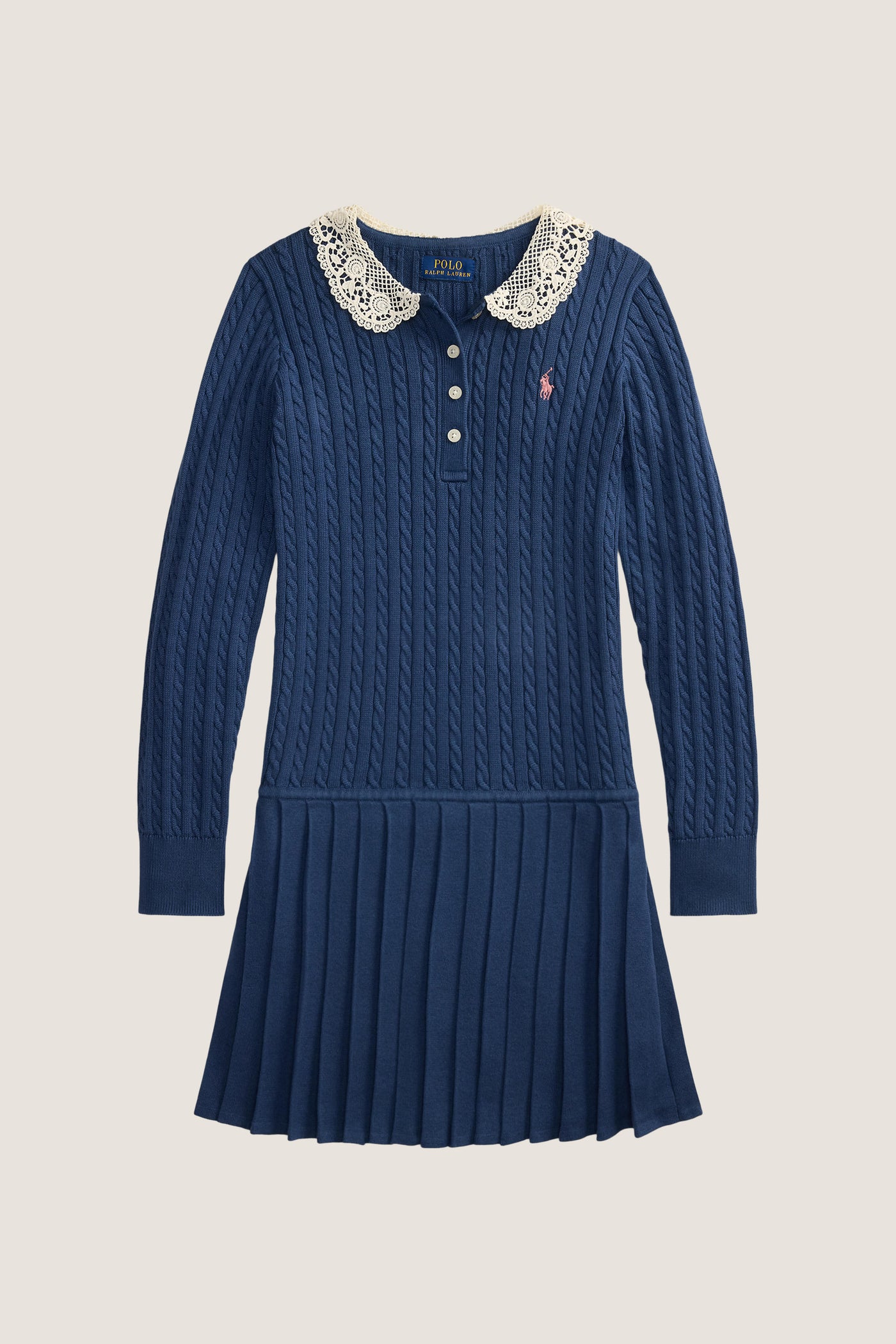 Girls Long-Sleeve Cotton Cable Knit Collared Dress