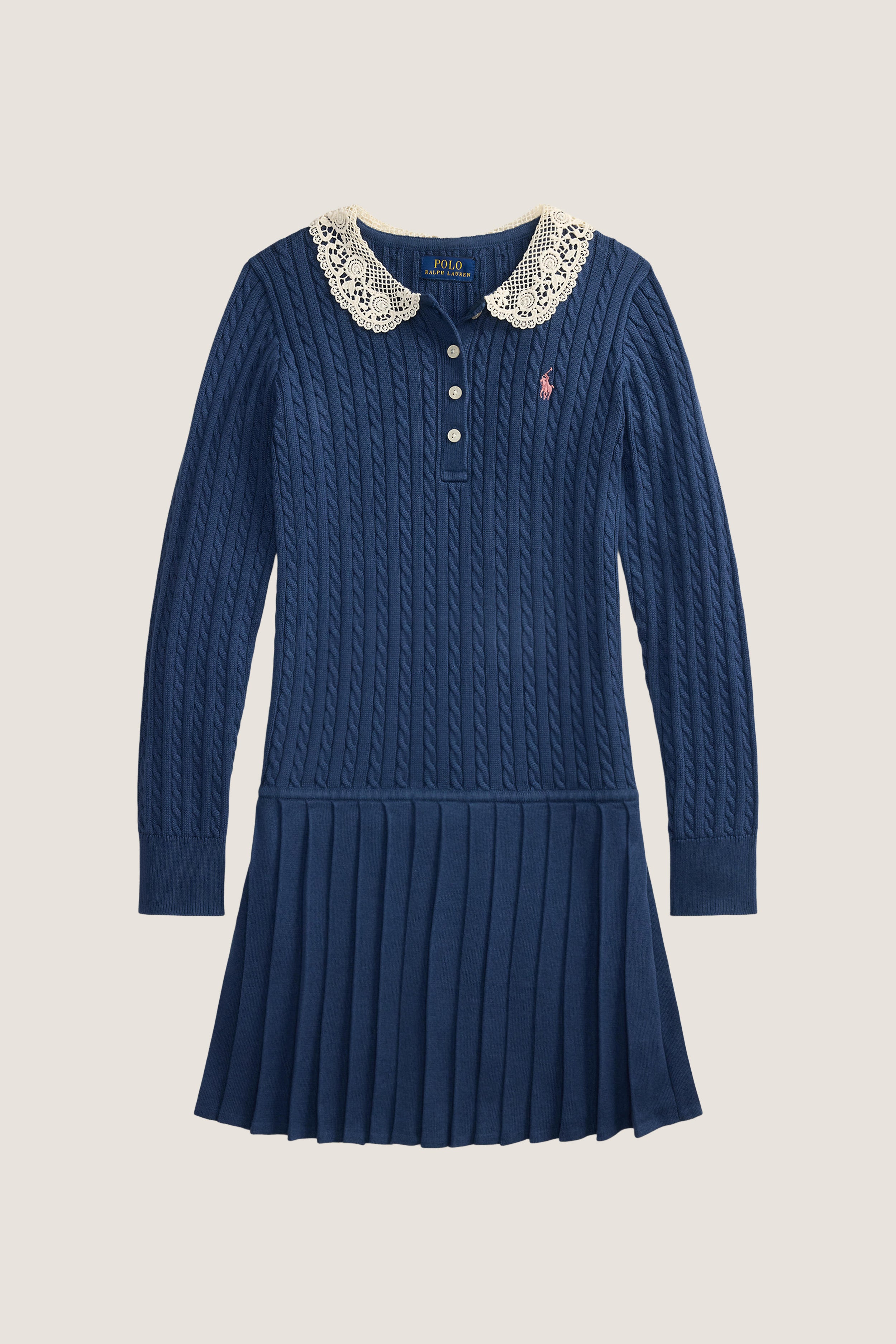 Girls Long-Sleeve Cotton Cable Knit Collared Dress