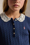 Girls Long-Sleeve Cotton Cable Knit Collared Dress