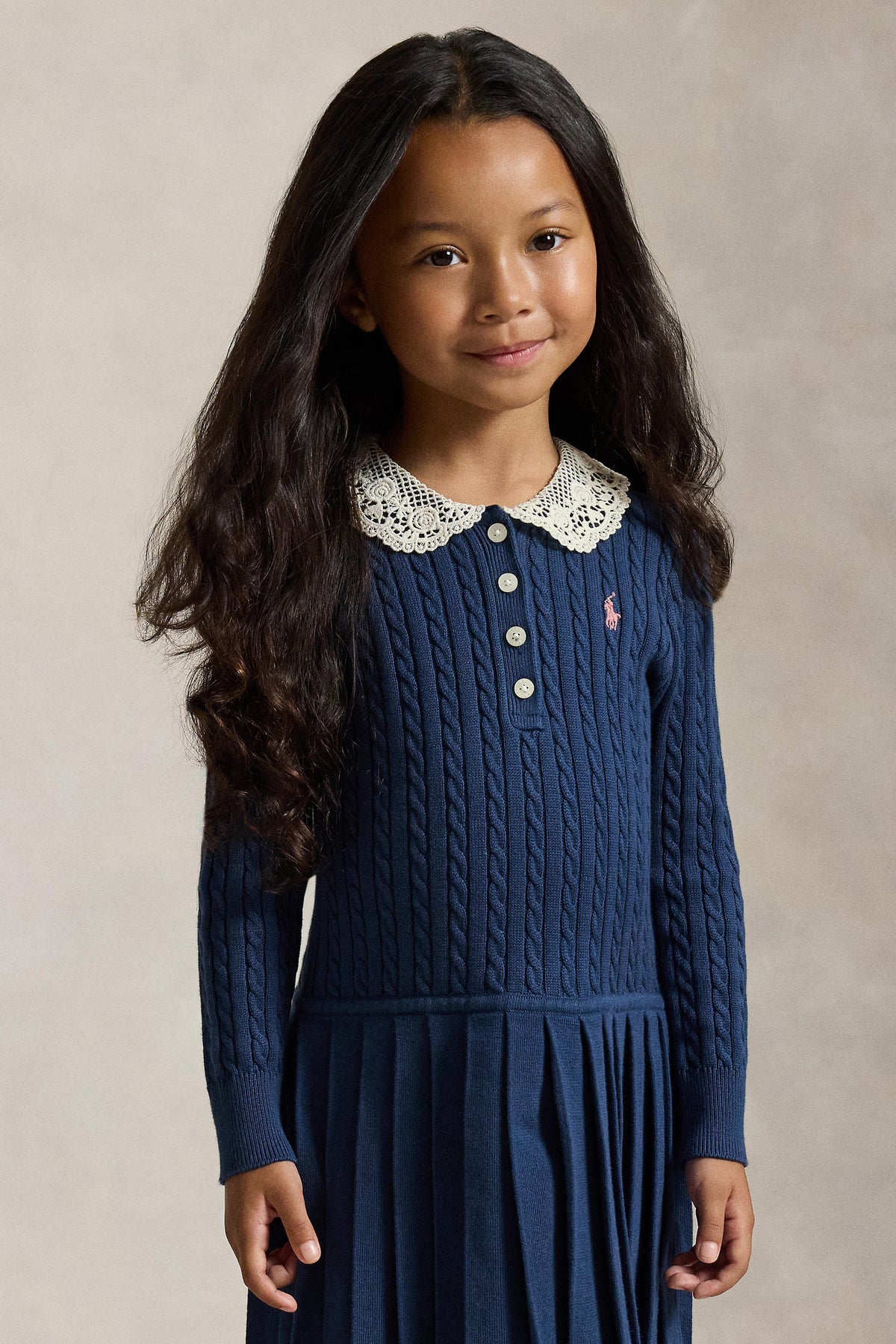 Little Girls Long-Sleeve Cotton Cable Knit Collared Dress
