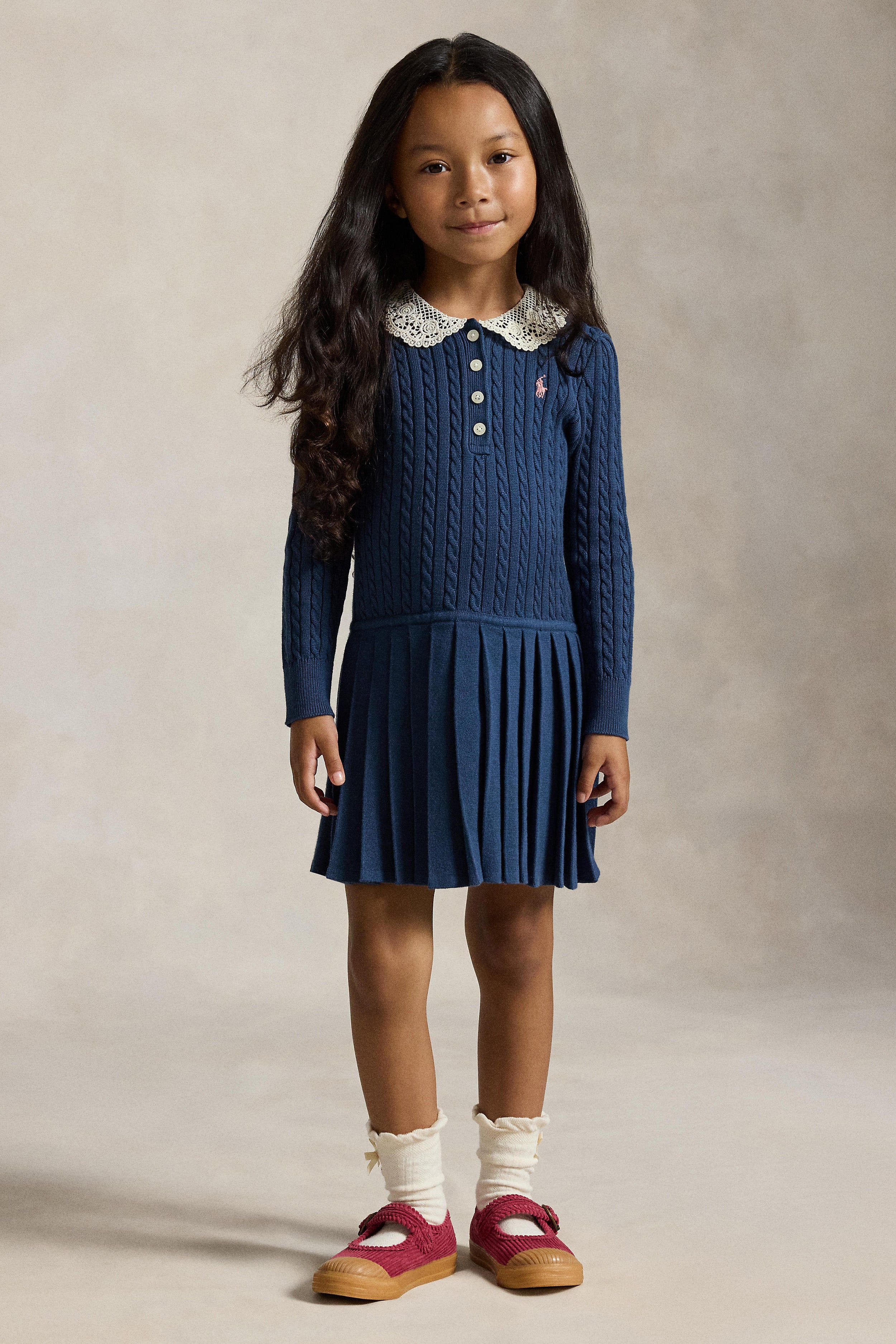 Little Girls Long-Sleeve Cotton Cable Knit Collared Dress