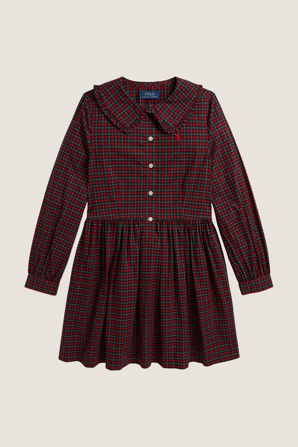 Girls Long-Sleeve Poplin Plaid Collared Dress