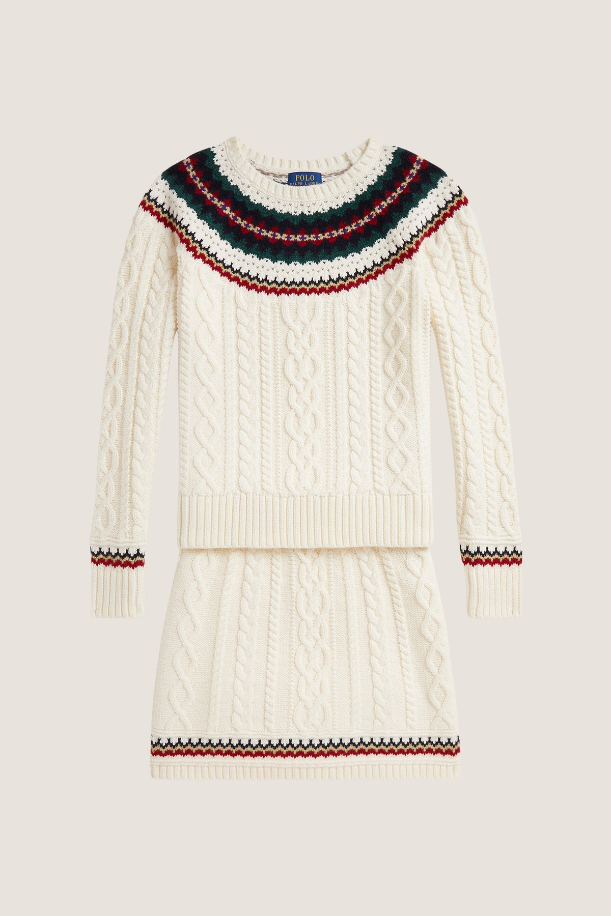 Long-Sleeve Cotton Cable Knit Fairisle Sweater with Skirt