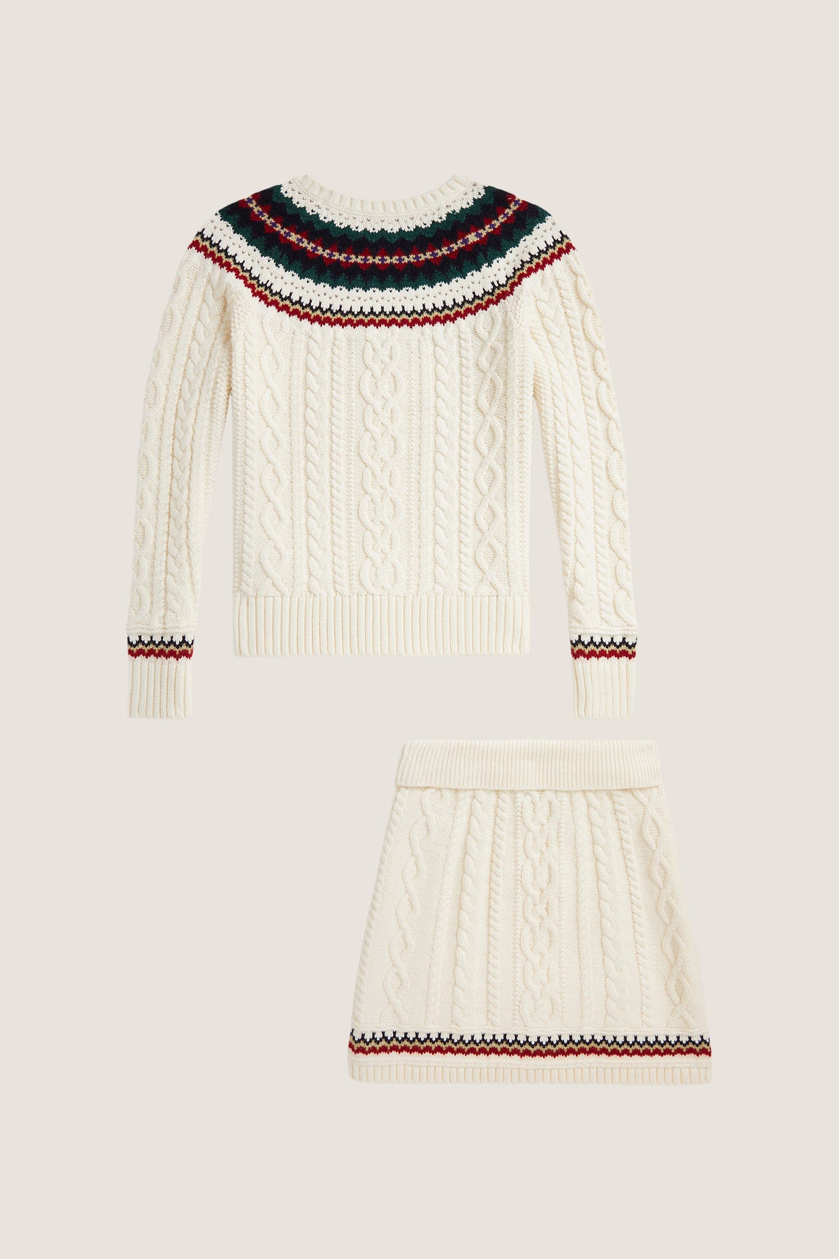 Long-Sleeve Cotton Cable Knit Fairisle Sweater with Skirt