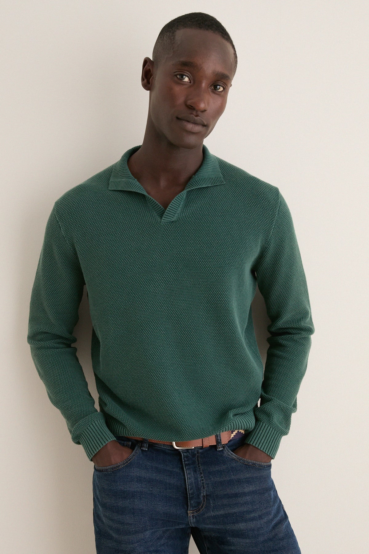 Pine Birdseye Cotton Split-Neck Sweater