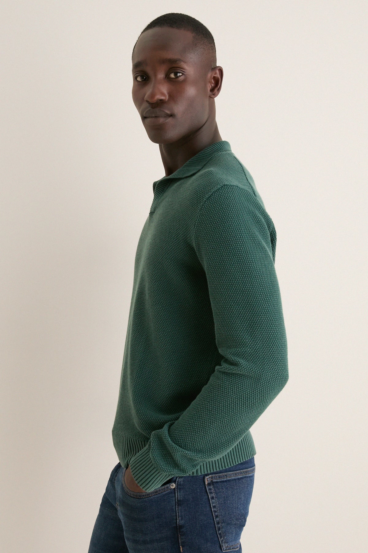 Pine Birdseye Cotton Split-Neck Sweater