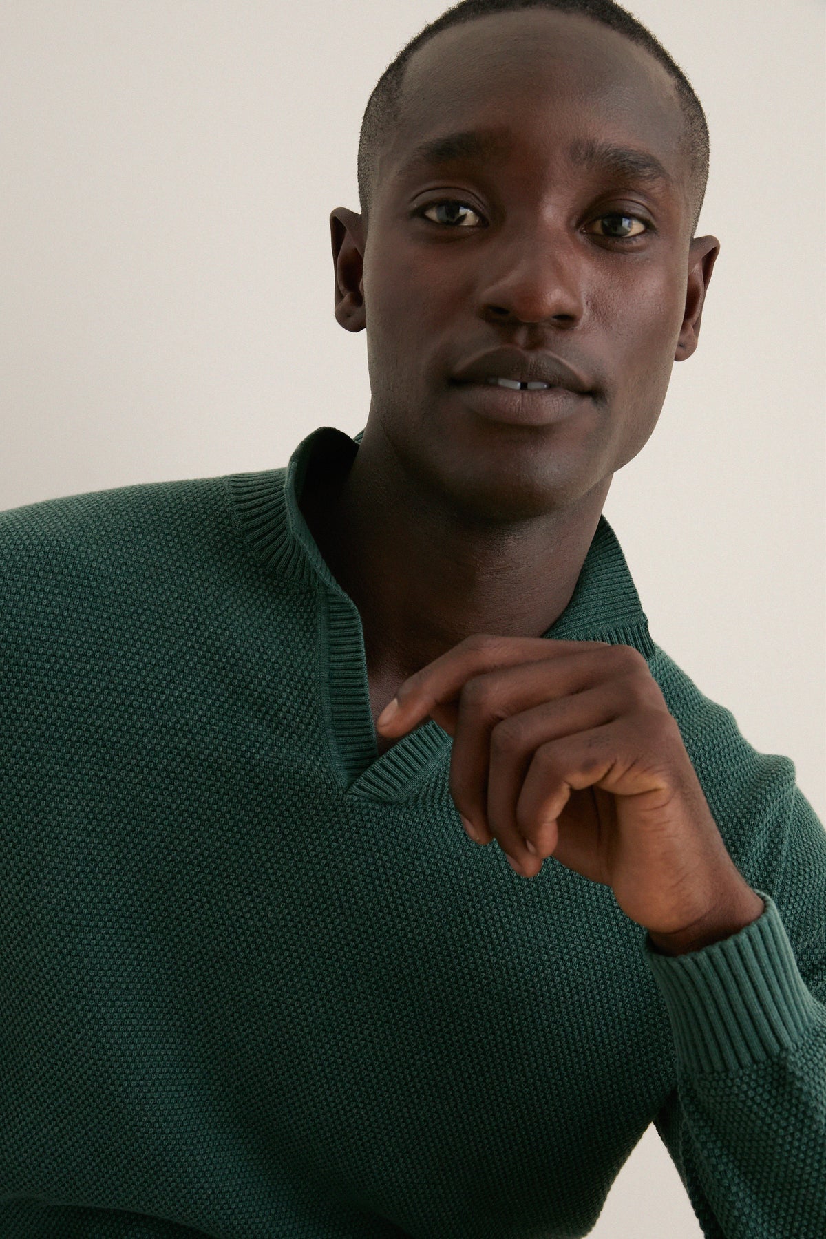 Pine Birdseye Cotton Split-Neck Sweater
