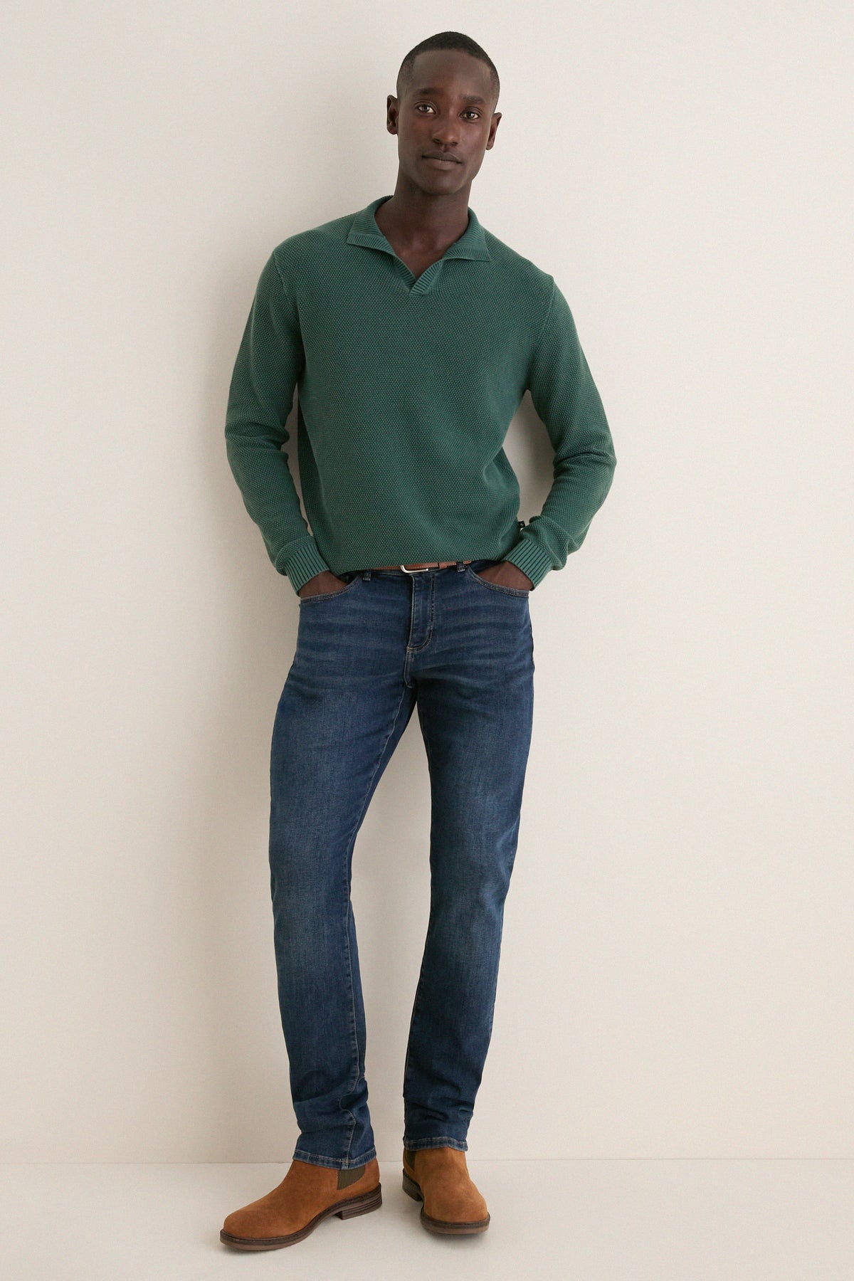 Pine Birdseye Cotton Split-Neck Sweater