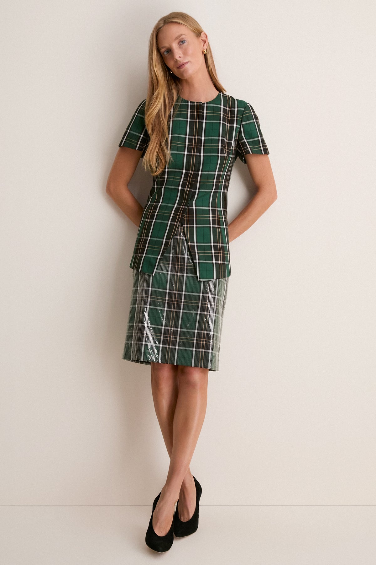 Park Plaid Sequin Dolan Pencil Skirt