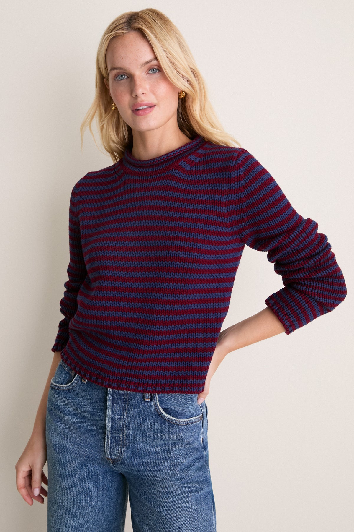 Oxblood and Navy Fine Stripe Mini Marina Sweater