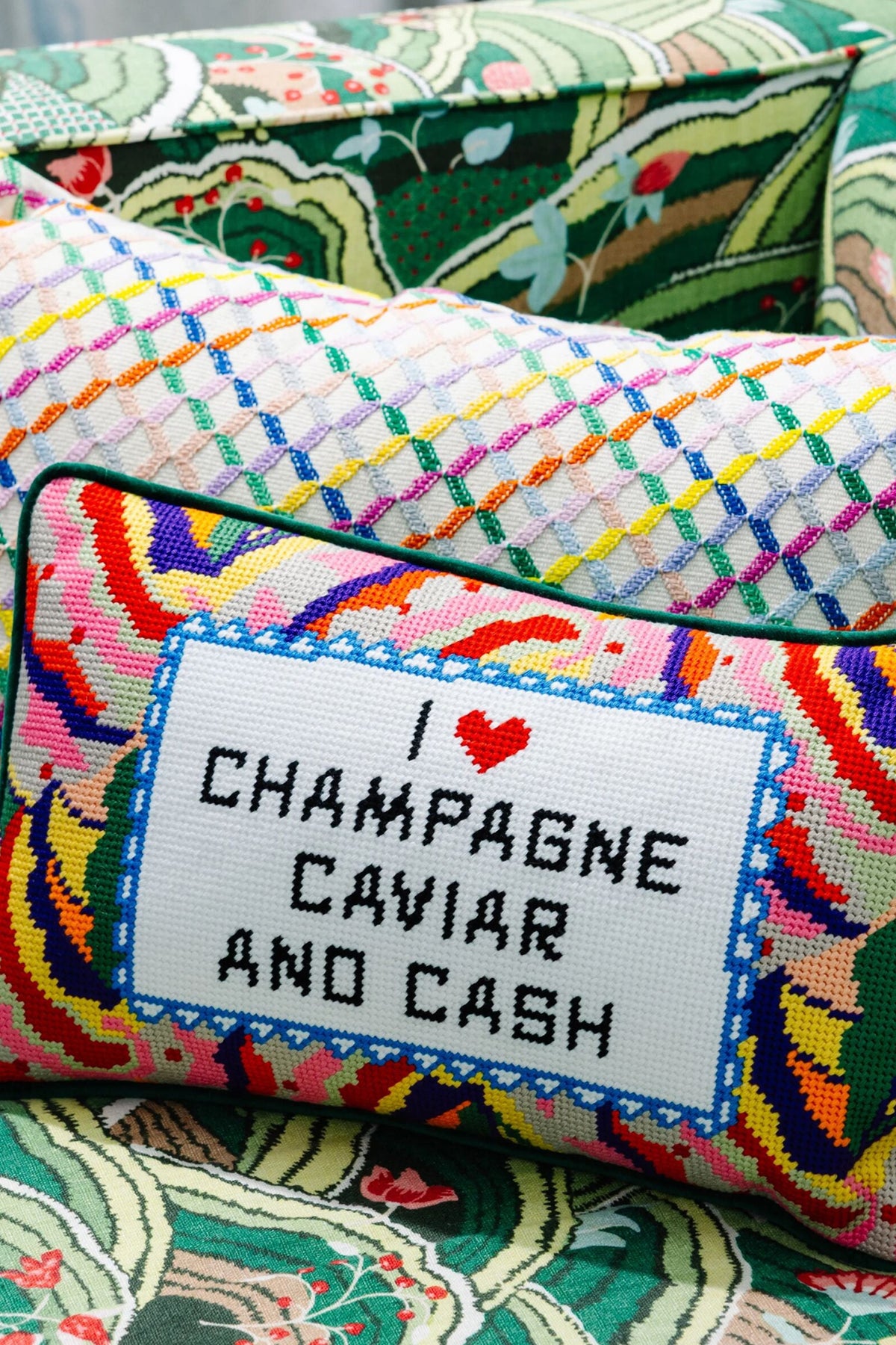 Caviar and Cash Needlepoint Pillow