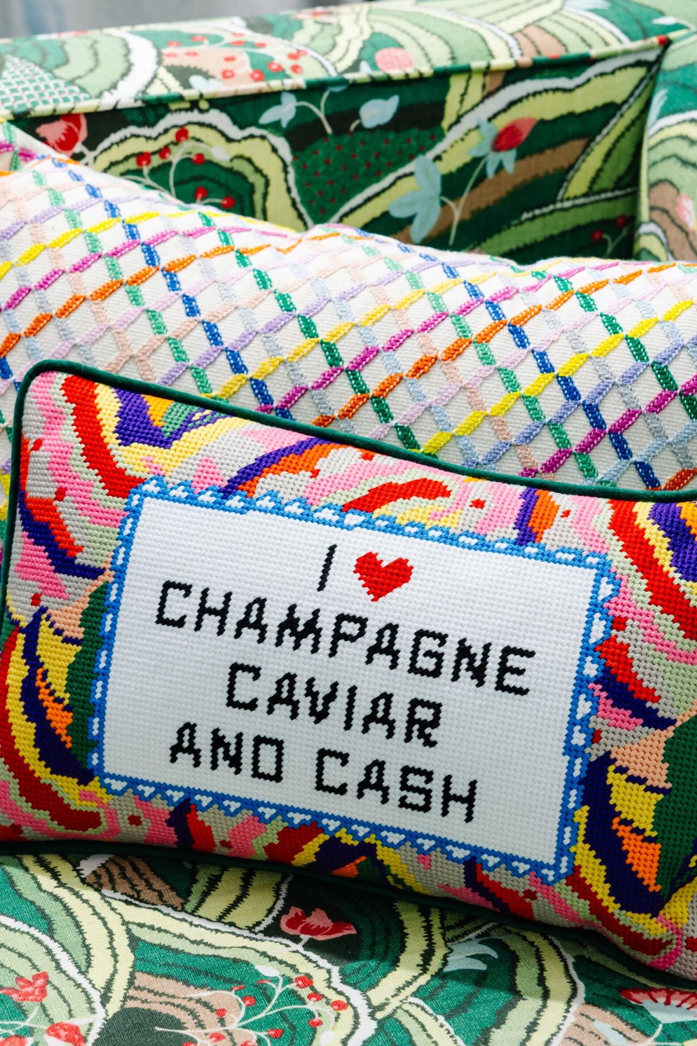 Caviar and Cash Needlepoint Pillow