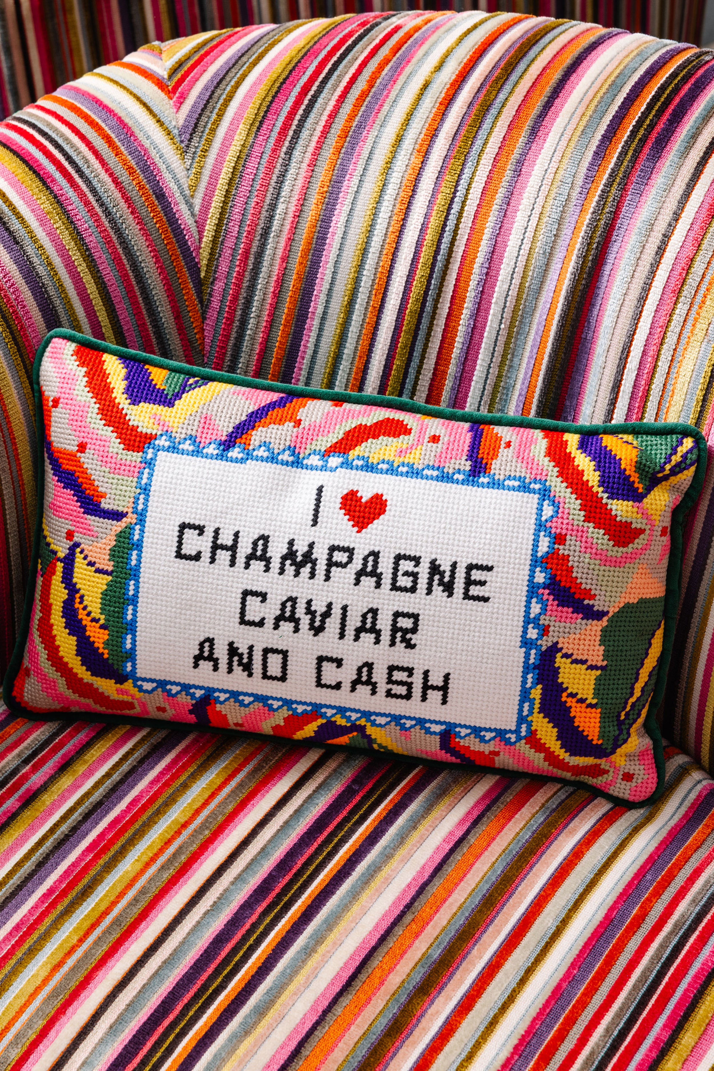 Caviar and Cash Needlepoint Pillow