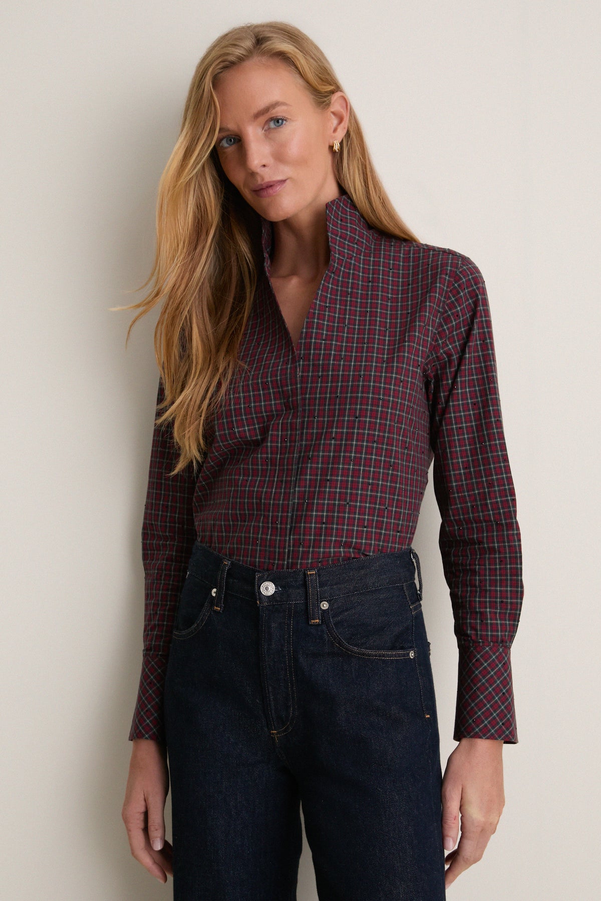 Embellished Festive Plaid Cotton Bessette Button Down