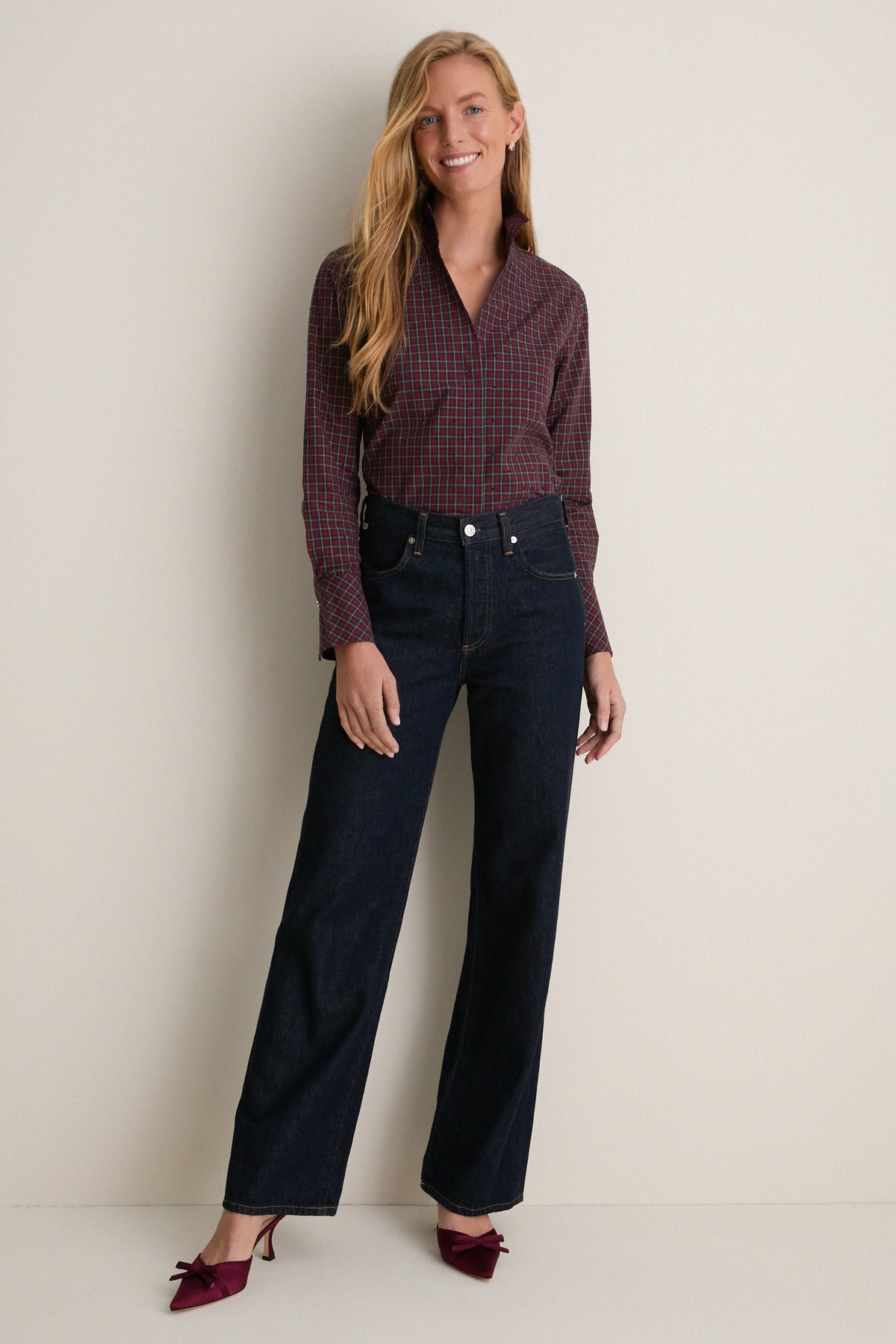 Embellished Festive Plaid Cotton Bessette Button Down